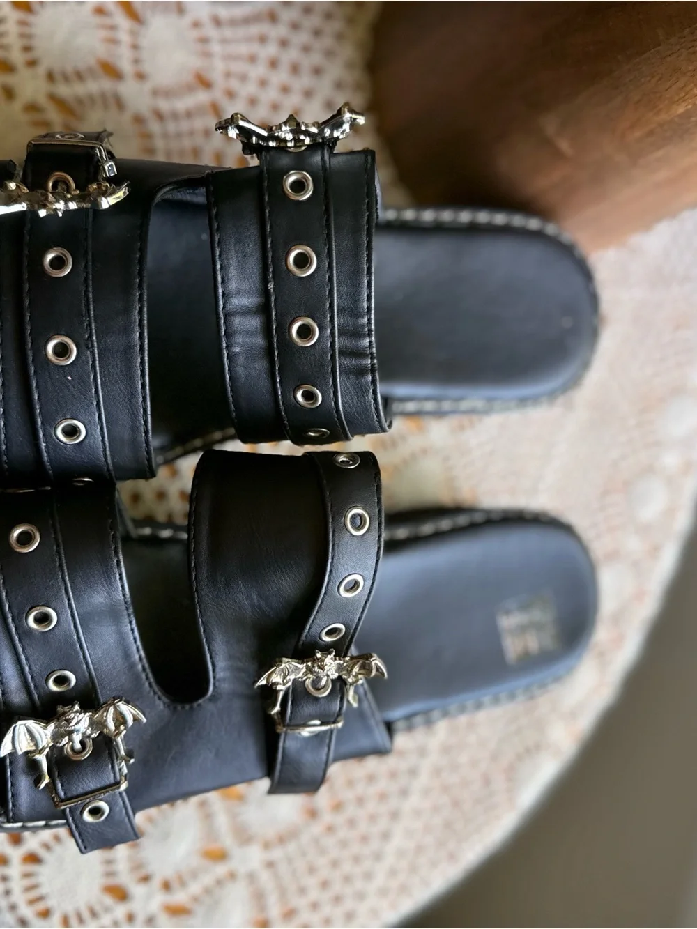 Black Leather Studded Slide Sandals with Bat Buckles